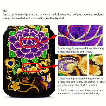 Women's Embroidered Mini Shoulder Bag with Detachable Strap - Floral Geometric Embroidery Design, Zipper Closure, Compact, Polyester Lined Interior (Navy/Purple/Red/Black) - DicartluzeDicartluzeWomen's Embroidered Mini Shoulder Bag with Detachable Strap - Floral Geometric Embroidery Design, Zipper Closure, Compact, Polyester Lined Interior (Navy/Purple/Red/Black)