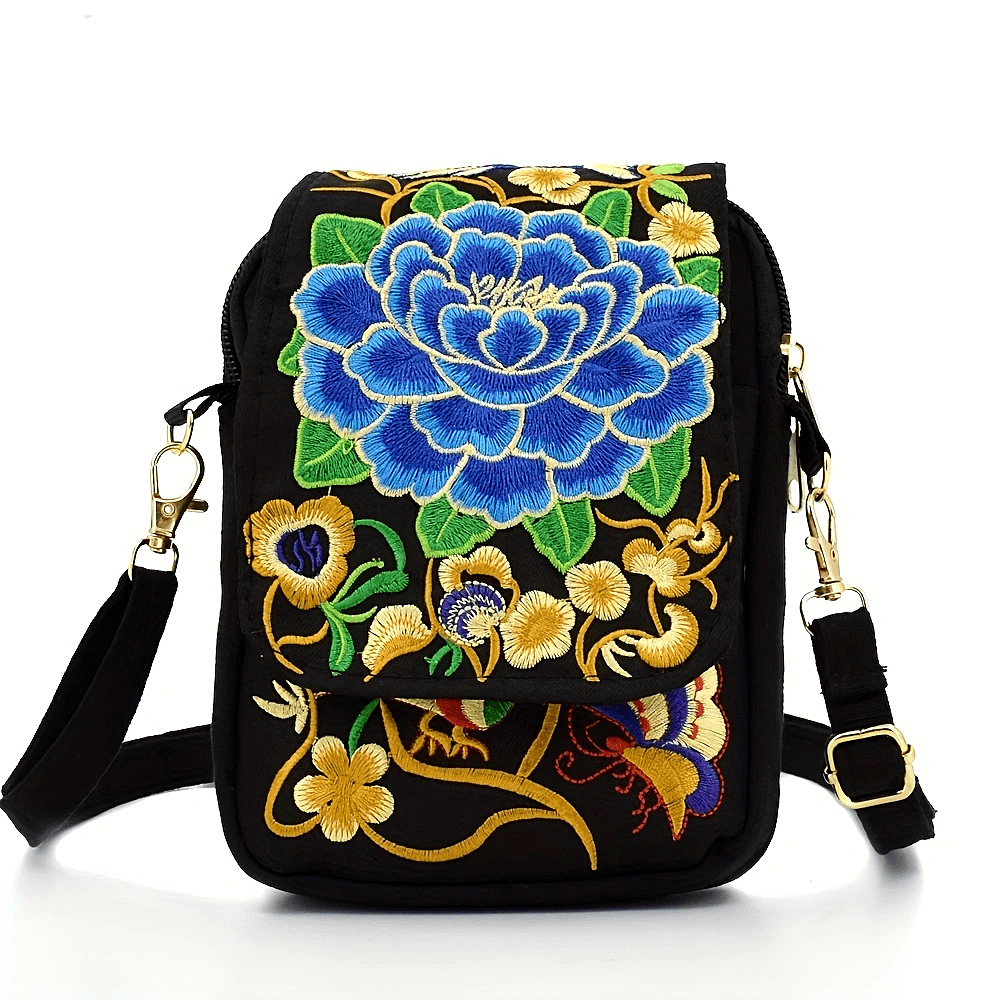 Women's Embroidered Mini Shoulder Bag with Detachable Strap - Floral Geometric Embroidery Design, Zipper Closure, Compact, Polyester Lined Interior (Navy/Purple/Red/Black) - DicartluzeDicartluzeWomen's Embroidered Mini Shoulder Bag with Detachable Strap - Floral Geometric Embroidery Design, Zipper Closure, Compact, Polyester Lined Interior (Navy/Purple/Red/Black)