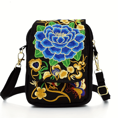 Women's Embroidered Mini Shoulder Bag with Detachable Strap - Floral Geometric Embroidery Design, Zipper Closure, Compact, Polyester Lined Interior (Navy/Purple/Red/Black) - DicartluzeDicartluzeWomen's Embroidered Mini Shoulder Bag with Detachable Strap - Floral Geometric Embroidery Design, Zipper Closure, Compact, Polyester Lined Interior (Navy/Purple/Red/Black)