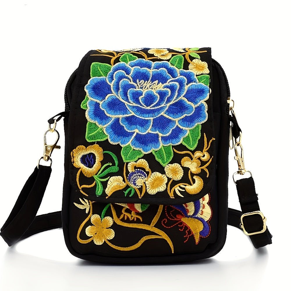 Women's Embroidered Mini Shoulder Bag with Detachable Strap - Floral Geometric Embroidery Design, Zipper Closure, Compact, Polyester Lined Interior (Navy/Purple/Red/Black) - DicartluzeDicartluzeWomen's Embroidered Mini Shoulder Bag with Detachable Strap - Floral Geometric Embroidery Design, Zipper Closure, Compact, Polyester Lined Interior (Navy/Purple/Red/Black)