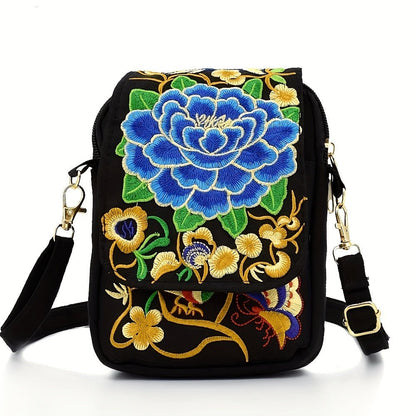 Women's Embroidered Mini Shoulder Bag with Detachable Strap - Floral Geometric Embroidery Design, Zipper Closure, Compact, Polyester Lined Interior (Navy/Purple/Red/Black) - DicartluzeDicartluzeWomen's Embroidered Mini Shoulder Bag with Detachable Strap - Floral Geometric Embroidery Design, Zipper Closure, Compact, Polyester Lined Interior (Navy/Purple/Red/Black)