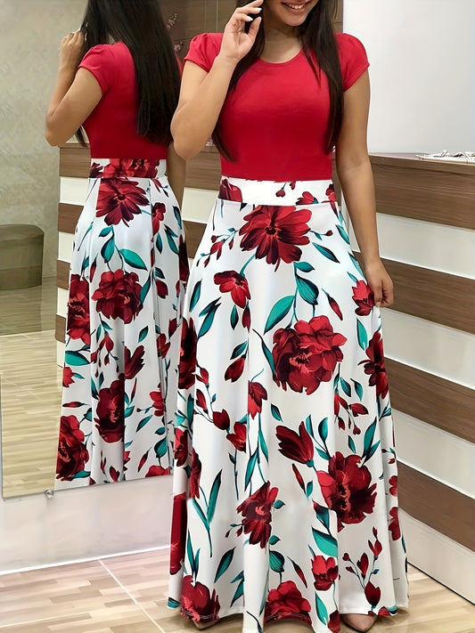 Women'S Plus Size Floral Print Red Colorblock Midi Dress with Short Sleeves - Elegant Crew Neck, Medium Stretch Polyester Fabric, Perfect for All Seasons - DicartluzeDicartluzeWomen'S Plus Size Floral Print Red Colorblock Midi Dress with Short Sleeves - Elegant Crew Neck, Medium Stretch Polyester Fabric, Perfect for All Seasons